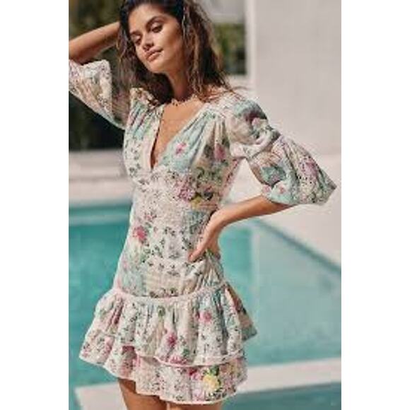 Barok Large Mini Dress Green White Cotton Ruffled Embroidered Balloon Sleeves - Picture 1 of 10